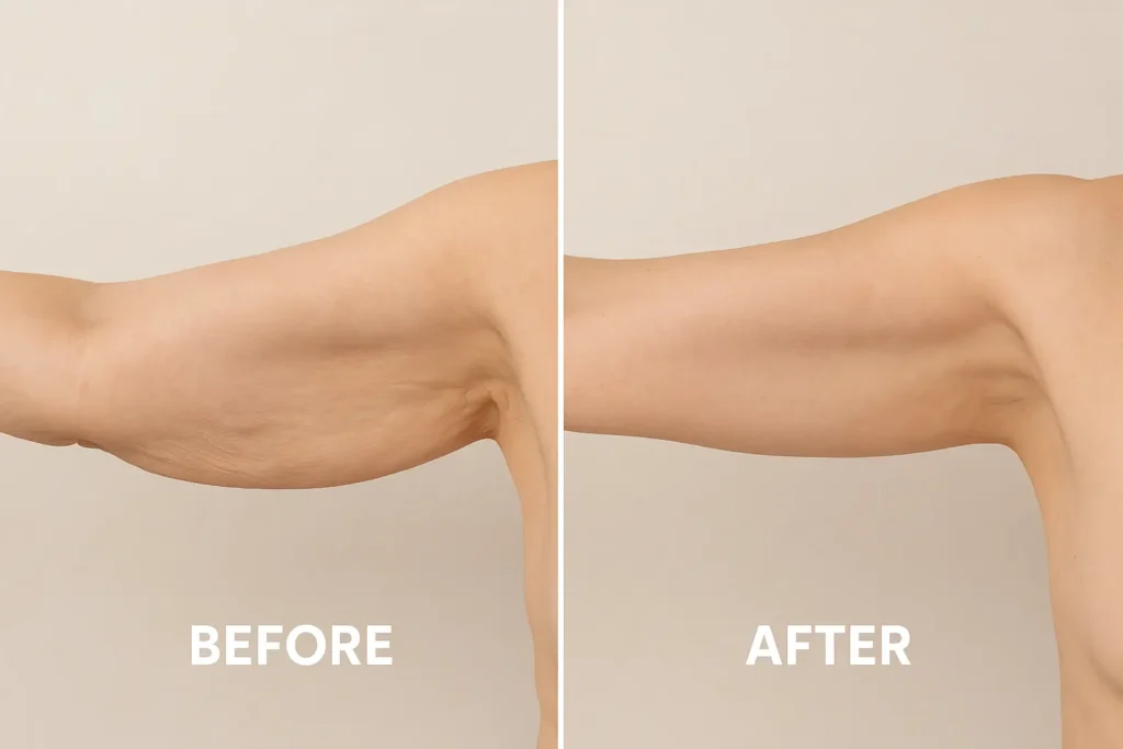 Picture of LA LIPO Uckfield before and after results of skin tightening treatment on the upper arms.