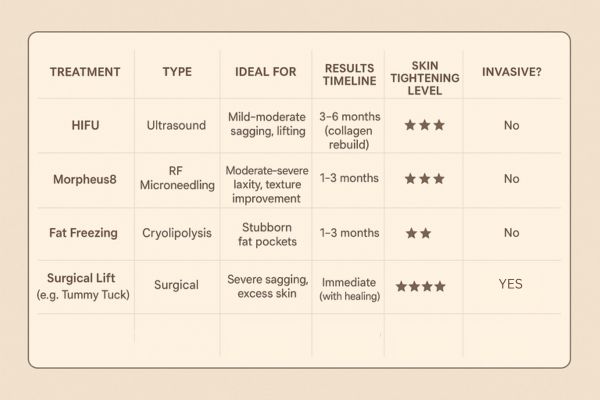 Table showing the comparisons of Skin tightening Uckfield treatment options.